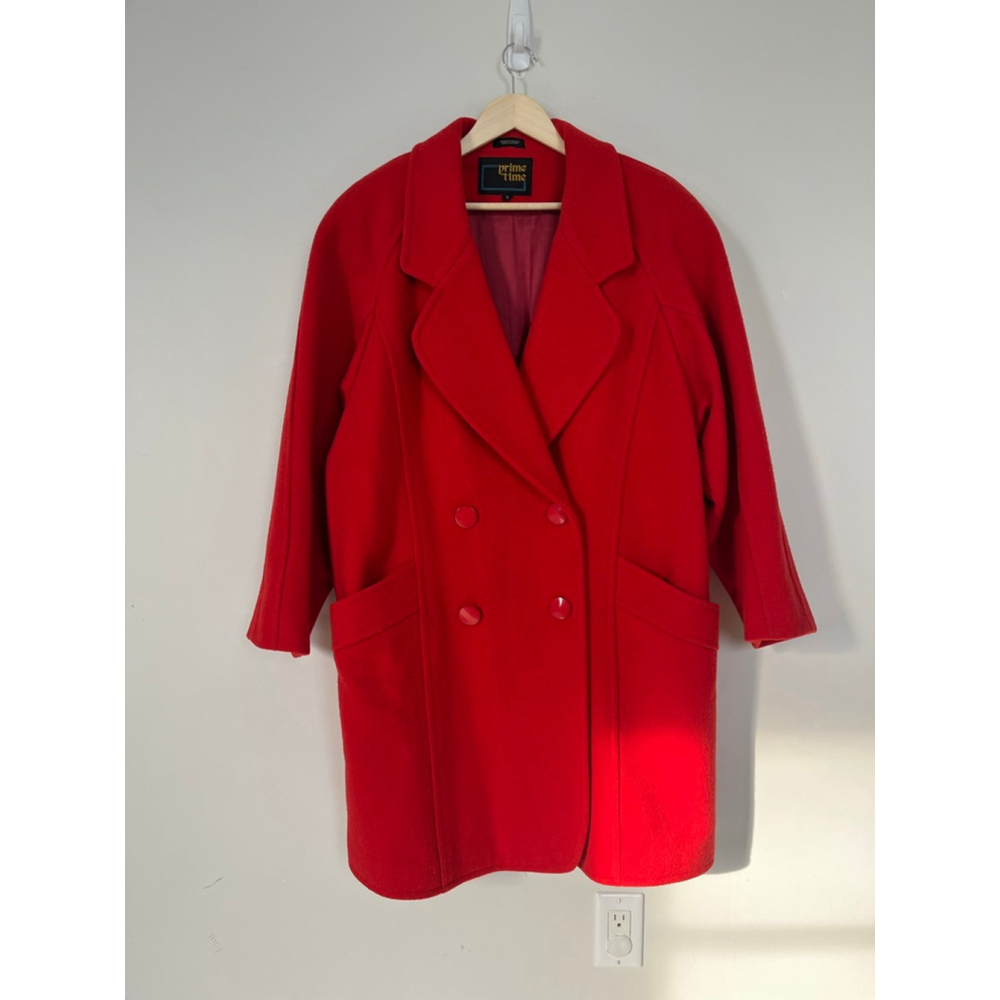 Red Wool Oversized Pea Coat Double Breasted Jacket Pockets Vintage Prime Time XL